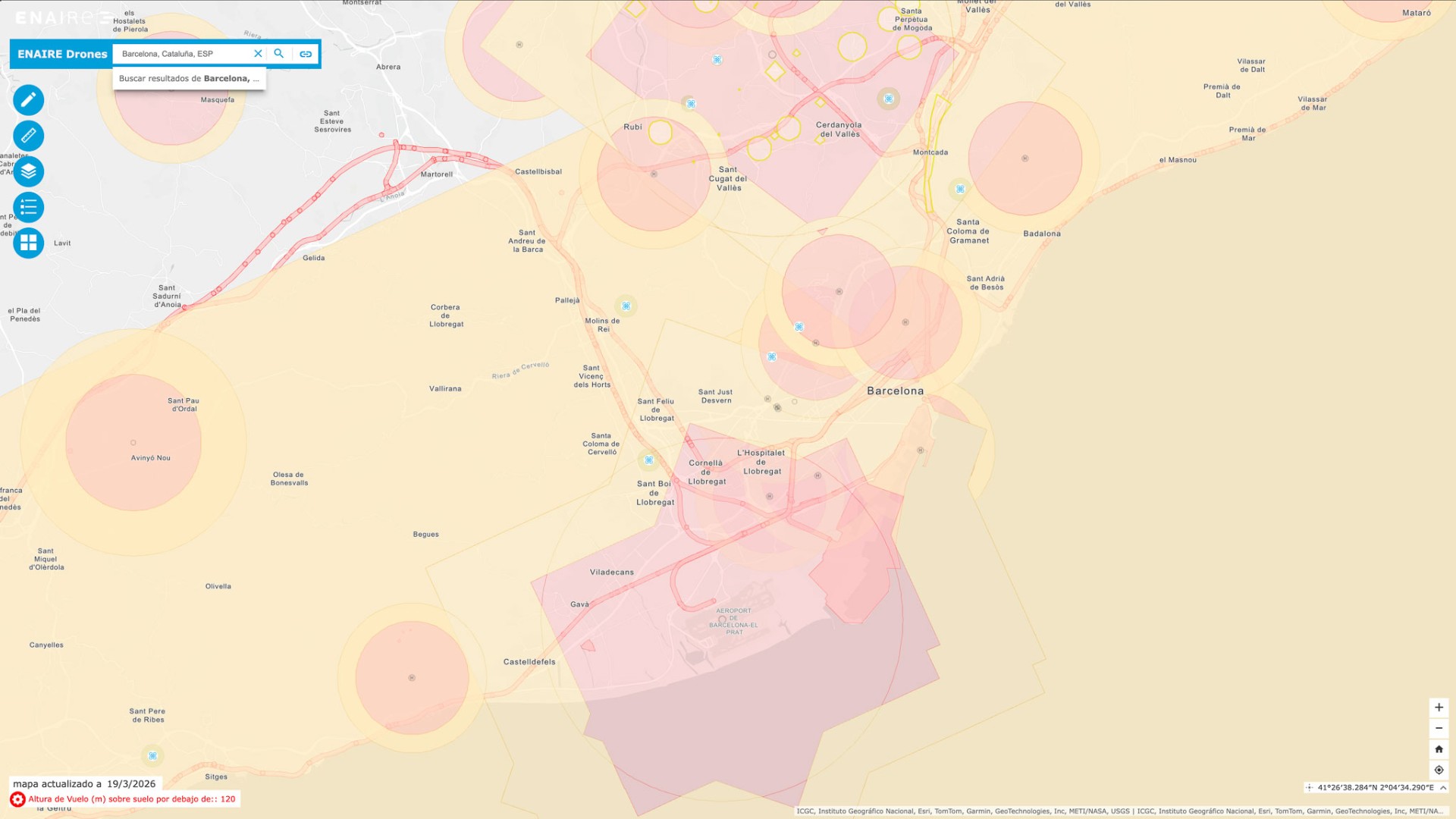 Mapa de restricciones de vuelo de dron en Barcelona — zonas restringidas y permitidas según ENAIRE Drones