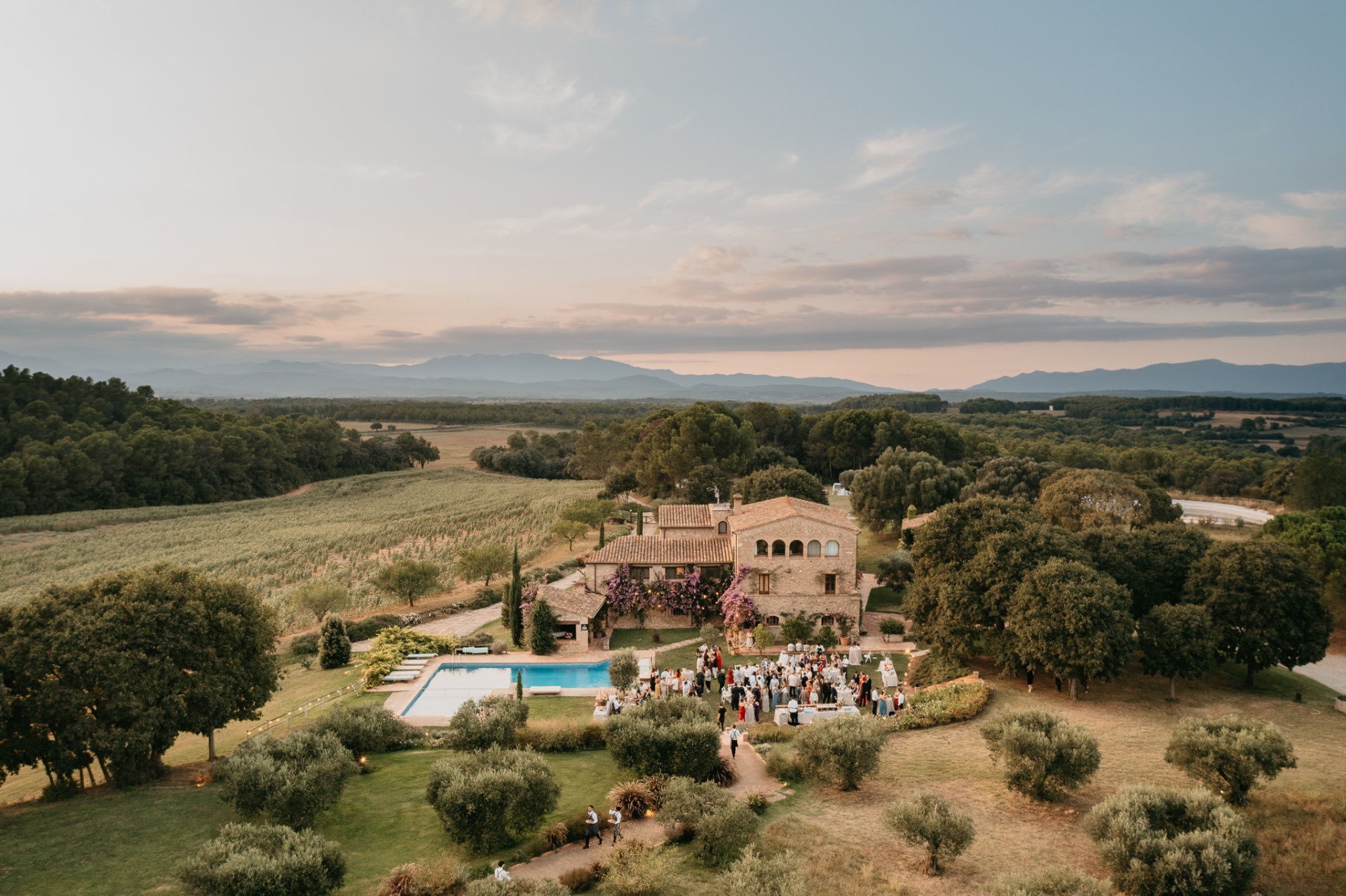 Aerial view of Mas Terrats and the Empordà landscape at sunset