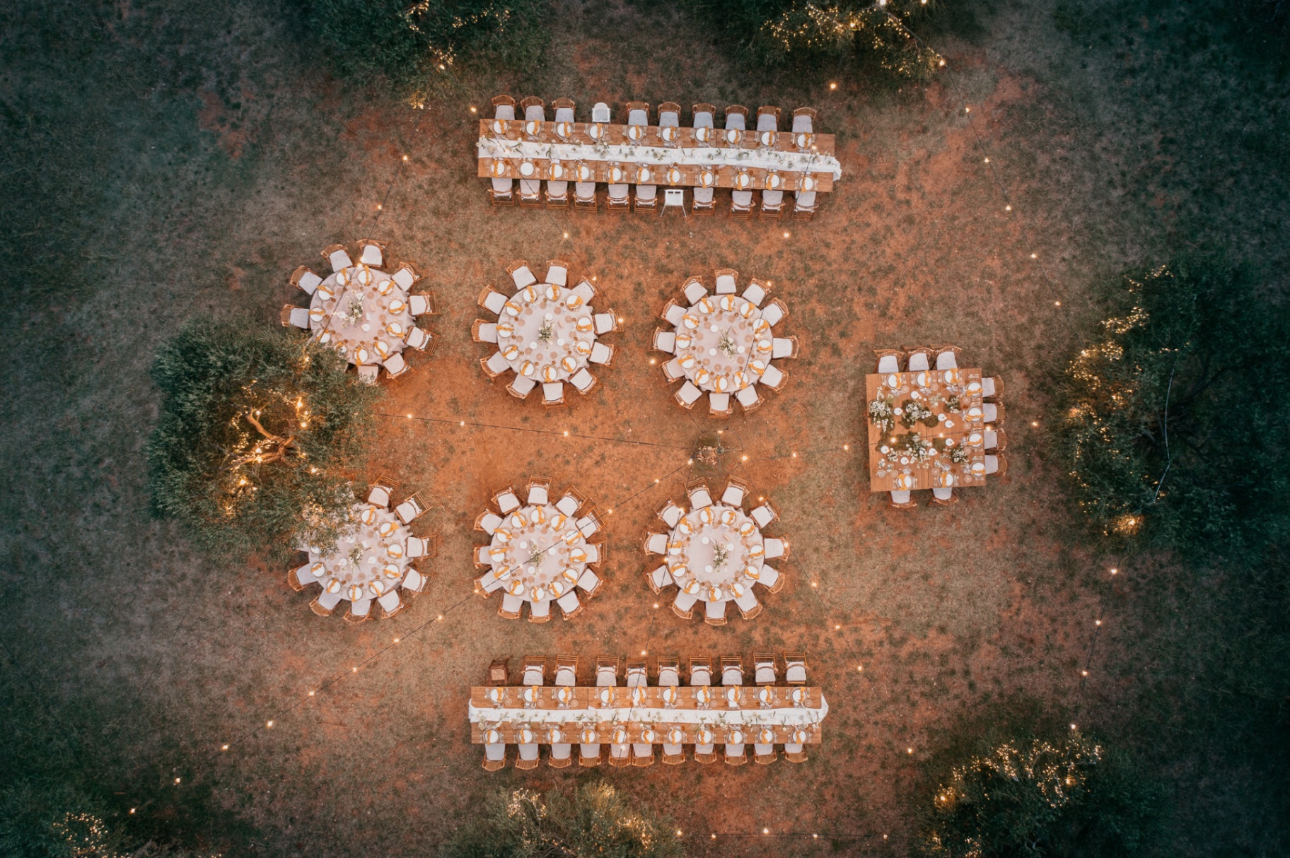 Drone shot of the wedding table layout at Mas Terrats